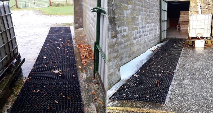 Grass Mats Used To Create A Non-Slip Path Over Concrete For Ponies - Featured Image